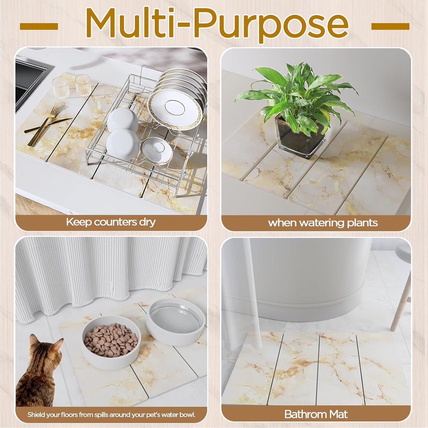 Stone Drying Mat for Kitchen Counter, White with Gold Veins Stone Dish Drying Mat - Diatomite Water Absorbing Drying Stone for Kitchen Counter Mat, Quick Dry Stone Mat Kitchen for Cups Dishes Bottles.