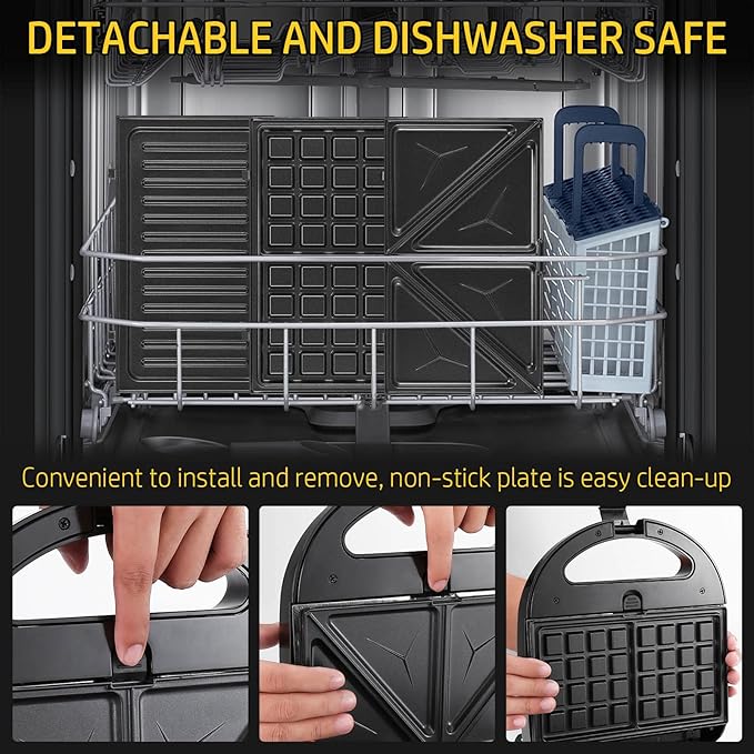 OSTBA 3-in-1 Sandwich Maker with Removable Plates, Panini Press, Waffle Maker, Toaster, Non-Stick, 750W Compact Breakfast Grill for Sandwiches, Waffles, Steak, Black