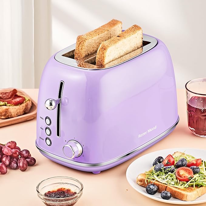 2 Slice Toaster Retro Stainless Steel with Bagel, Cancel, and Defrost Functions, 6 Bread Shade Settings, Extra Wide Slots and Removable Crumb Tray, Lavender-Purple