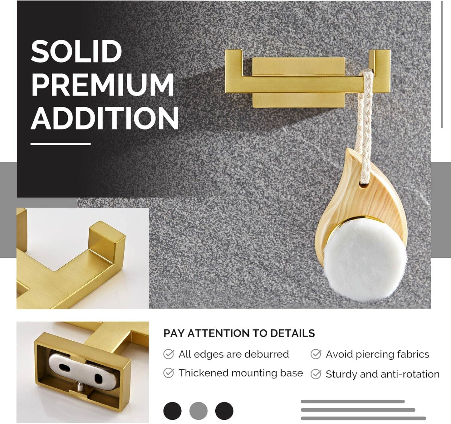 Angle Simple Towel Hook for Bathroom, SUS 304 Stainless Steel Hand Towel Holder, Double Robe Coat Hook for Wall, Brushed Gold