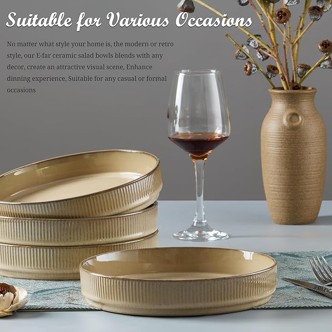 E-far Pasta Bowls Set of 4, 35oz Large Salad Bowl Plate for Dinner Serving, Wide & Shallow Ceramic Stoneware Pasta Plate, Microwave & Dishwasher Safe, Reactive Glaze Textured Stripe, Caramel Khaki