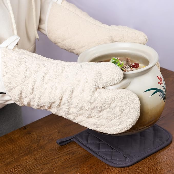 Terry Cloth Oven Mitts Heat Resistant to 482° F 15 Inch 100% Cotton Set of 2