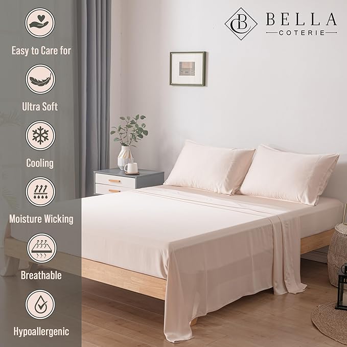 Bella Coterie Luxury Bamboo Viscose Split King Size Sheet Set | 100% Organically Grown | Ultra Soft | Cooling for Hot Sleepers | 18" Deep Pocket [Champagne]