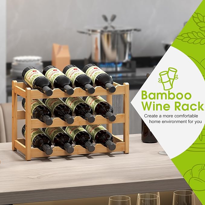 BMOSU Bamboo Wine Rack Wine Storage Cabinet Shelf 12 Bottle Wine Racks Countertop Sturdy for Kitchen Dining Room Pantry - 3 Tiers Wine Rack(Natural)