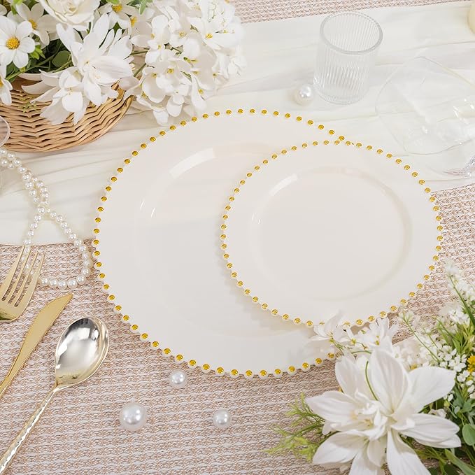 supernal 100pcs Ivory Plastic Plates with Gold Beads - Heavy Duty Elegant Disposable Plates Set Include 50 Cream Plastic Dinner Plate and 50 Dessert Plate Perfect for Wedding, Birthday & Party