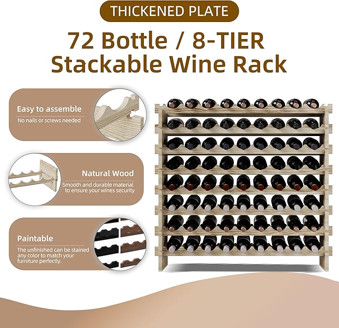 Modular Real Wood Wine Storage Racks - Stackable Wine Rack, Free Standing Floor Wooden Wine Rack, Premium Wine Storage Rack Elegant Display and Organizing for Kitchen and Cellar 8 Tier 72 Bottles