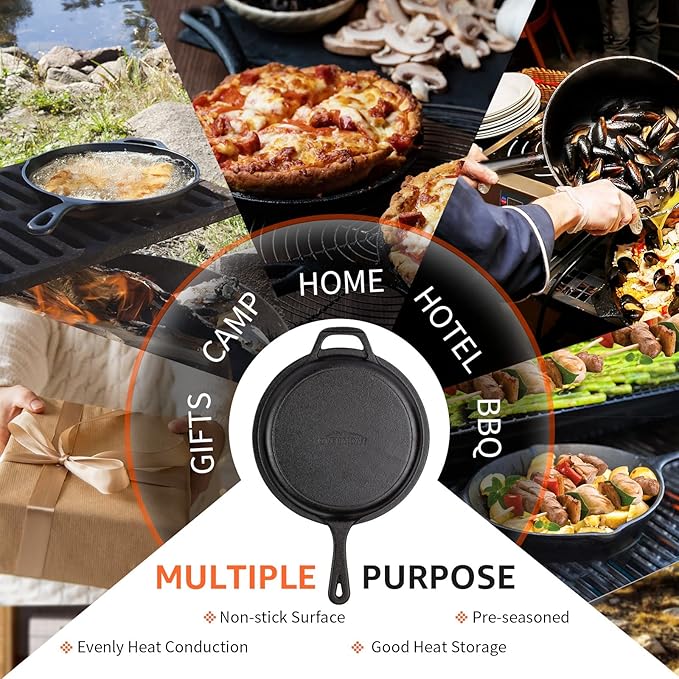 Overmont Cast Iron Dutch Oven with dual use Skillet lid for Oven, Induction, Electric, Grill, Stovetop, (3.2QT Pot, 10.5 inches)
