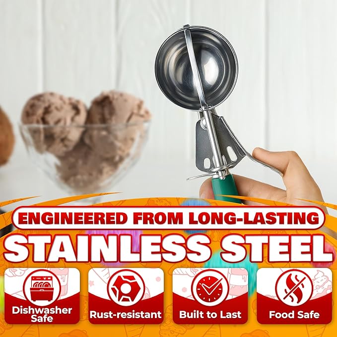 2.67Oz Ice Cream Scoop with Trigger #12 - Ice Cream Scooper for Portion Control, Gelato, Cookie Dough, Meatballs - Stainless Steel, Easy to Use & Clean, Rust & Stain Resistant, Ergonomic Non-Slip Grip