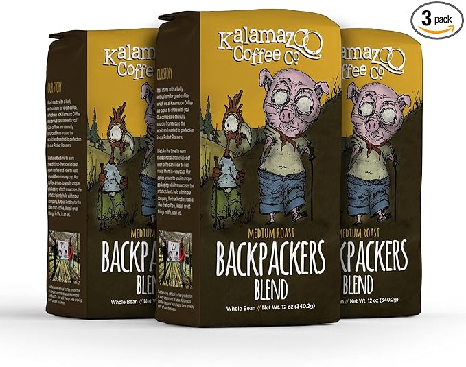 KALAMAZOO COFFEE COMPANY Backpackers Blend Whole Bean Coffee - Medium Roast | 12oz Bag (3 Pack)