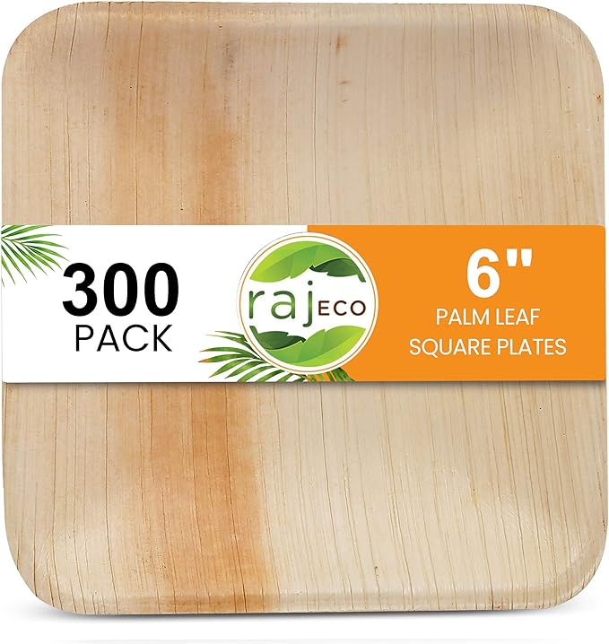 Raj Palm Leaf Bulk Plates like Bamboo plates Disposable, Decorative Compostable Tableware for wedding, Lunch, Dinner, Birthday, Camping, Outdoor BBQ, Picnic (6" (300 Pack))