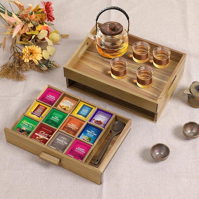 ANMINY Acacia Wood Tea Bag Organizer, Extra Large Tea Storage Box with 13 Compartments, 10MM Thick Wooden Teabag Holder Drawer Box, Tea Caddy Station Chest Containers for Countertop