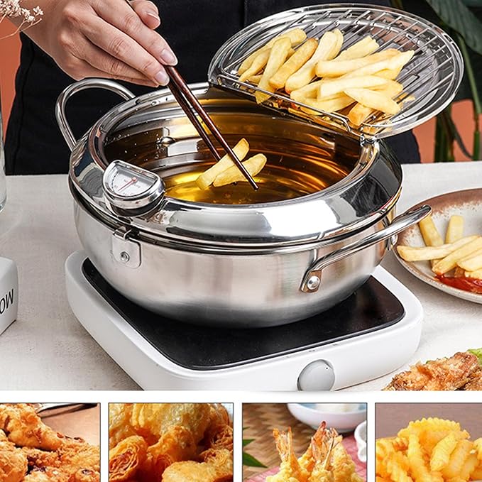 Deep Fryer Pot, 304 Stainless Steel Frying Pot with Temperature Control, Lid and Oil Drip Drainer Rack for Kitchen French Fries, Chicken Large Size 9.4 Inch/3.4 L Father's Day Gift