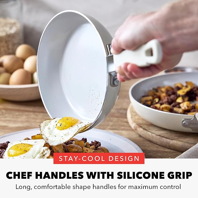 GreenPan x Bobby Flay 13 Piece Cookware Pots and Pans Set and 8" Chef's Knife. PFAS & PFOA-Free Ceramic Nonstick, Induction Suitable, Stay-Cool Silicone Handle, Dishwasher & Oven Safe, Cream