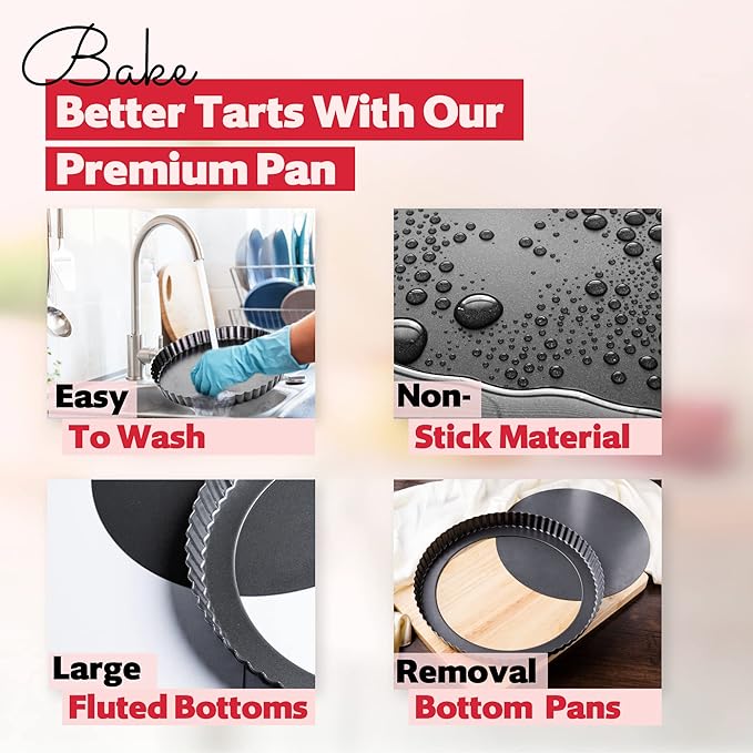 Tart Pan 11 Inch Removable Bottom- Carbon Steel Deep Quiche Pan, Rust, & Temperature Resistant 550-600 °F– Non-Stick, Perfect for Baking Fruit Tarts, Quiches & Dessert