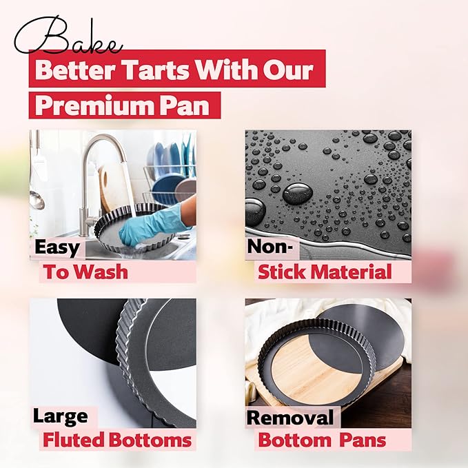 Tart Pan 9 Inch Removable Bottom- Carbon Steel Quiche Pan, Rust & Temperature Resistant Quiche Baking dish 550-600 °F- Non-Stick, Sturdy & Dishwasher Safe- Perfect for Baking Tarts