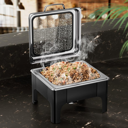 Chafing Dishes for Buffet, 6QT Square Stainless Steel Chafing Dish with Transparent Hydraulic Lid, 304 Food Pan, Buffet Warmer for Parties and Events (Black)