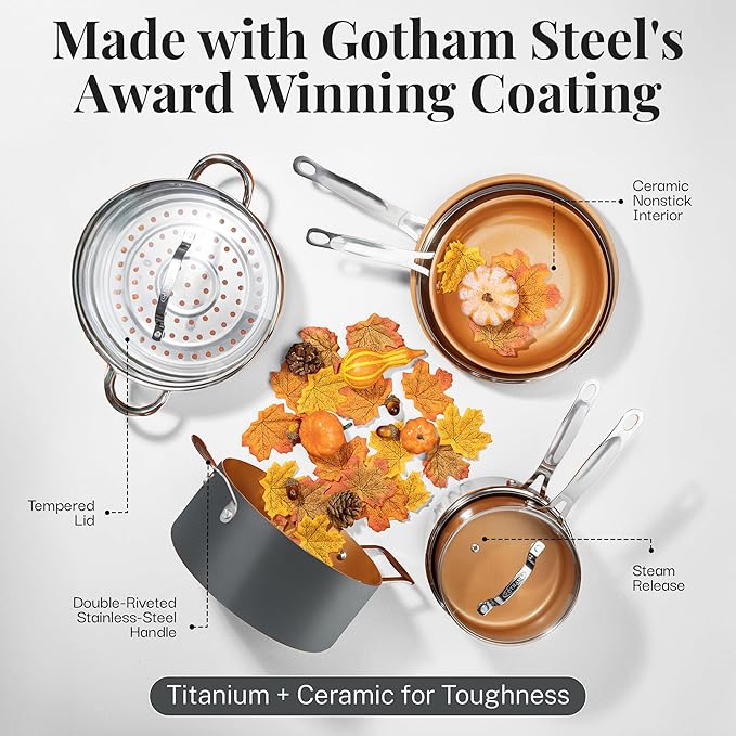 Gotham Steel 12 Pc Ceramic Cookware Set Nonstick, Ceramic Pots and Pans Set Non Stick with Steamer for Cooking, Non Toxic PFOA PFOS Free, Ergonomic Stay Cool Handles, Oven & Dishwasher Safe, Copper