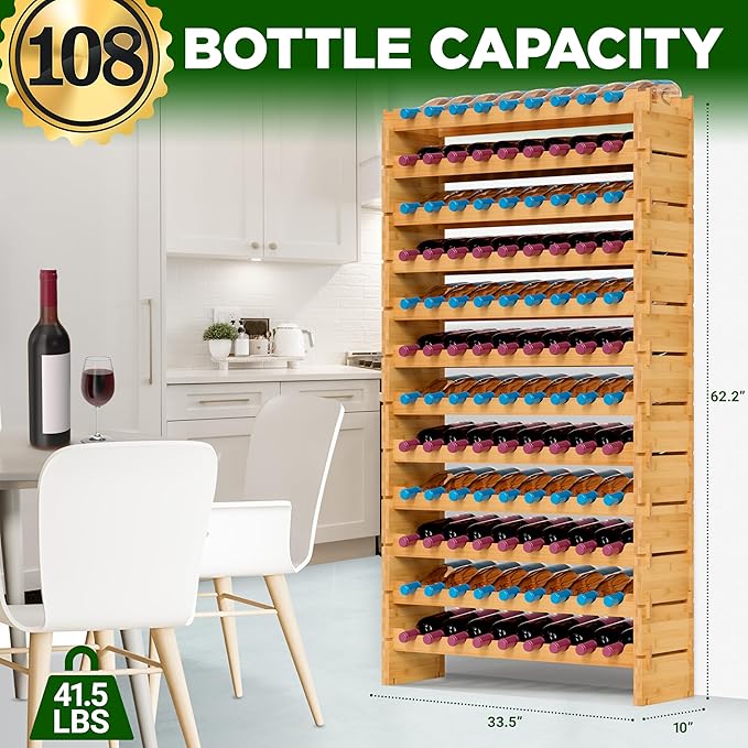 NutriChef Bamboo Stackable Wine Rack, 12-Tier 108 Bottle Capacity Free Standing Floor, No Tools Assembly, Modular Storage Display Shelf for Kitchen and Cellar 33.5" x 10" x 62.75"