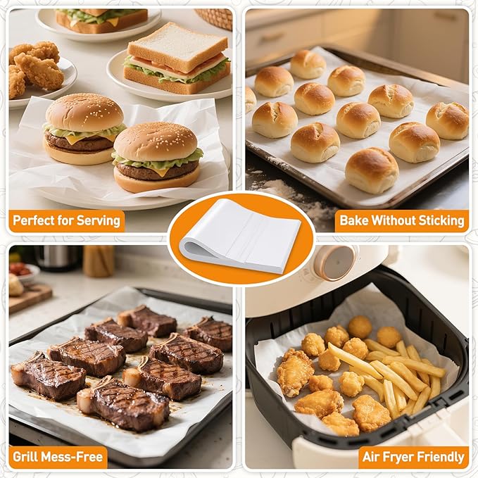 200 Pcs Parchment Paper Sheets for Baking – 9x13inch Baking Paper, White, Pre-Cut, Non-Stick, Heat-Resistant for Baking Grilling Air Fryer Steaming Bread Cup Cake Cookie and More
