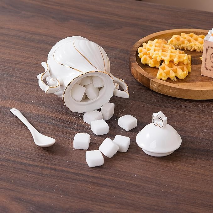 Sugar and Creamer Set Ceramic, Creamer Pitcher and Sugar Bowl with Lid, Creamer Pitcher with Handle,Sugar Cube Dish Coffee or Tea, White with gold thread