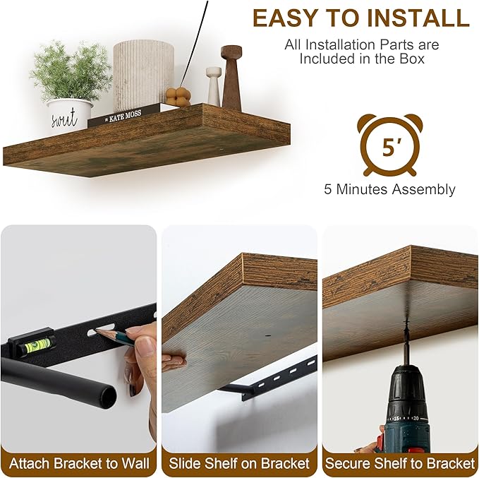 Fun Memories Floating Shelves, 8 Inch Deep Floating Shelves, Rustic Wood Fireplace Mantel 48 in Long, 48 x 8 Floating Wall Shelves for Living Room, Kitchen, Bedroom, Rustic Brown, 1 Pack