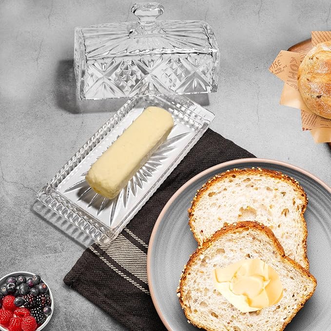 Butter Dish with Lid for Countertop,Glass Butter Container for Counter,Covered French Butter Tray,Large and Wide Butter Tray Holder for Fridge or Keepers on Counter (Clear-6)
