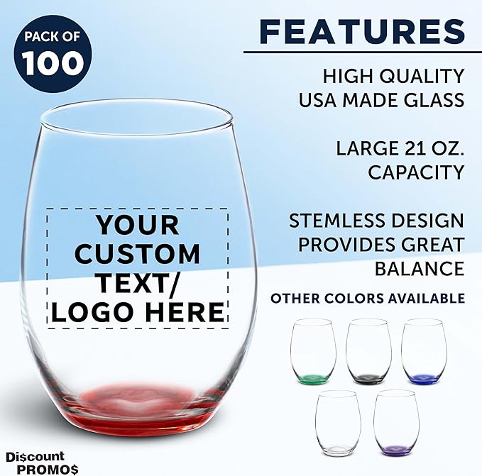 DISCOUNT PROMOS 100 ARC Stemless Wine Glasses Set, 21 oz. - Customizable Text, Logo - Chardonnay, Cabernet, Merlot, Sauvignon - Red