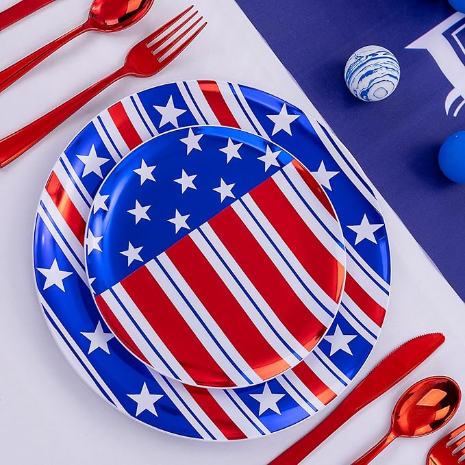 FLOWERCAT 60PCS 4th of July Plates & Red White Blue Plates for Independence Day, Memorial Day - American Flag Plastic Plates Include 30PCS 10.25inch Dinner Plates and 30PCS 7.5inch Dessert Plates