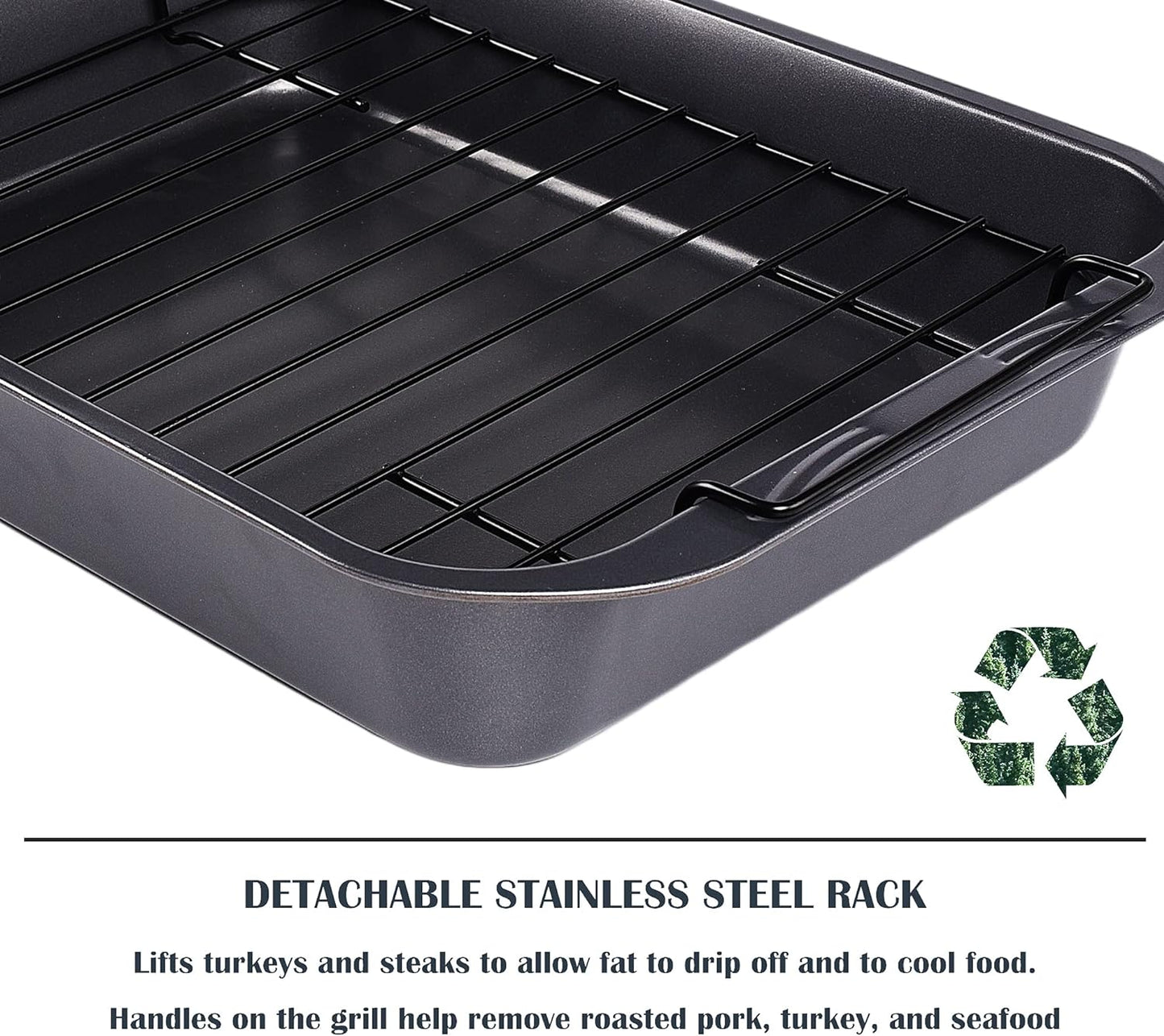 kitCom Bakeware Nonstick Roaster, Nonstick Roasting Pan with Rack, Great For Roast Chicken, Roasts And Turkeys - 15 Inch x 11 Inch (5.8 QT), Gray