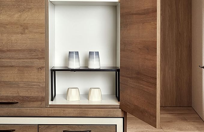 Nxconsu Cabinet Shelf Expandable Organizer Riser Rack for Kitchen Pantry Cupboard Under Sink Countertop Home Organization Extra Storage Space Saver Heavy Duty Metal Edgeless Design Black Extra Large