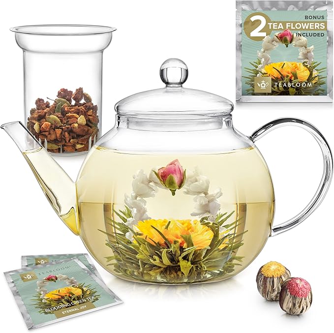 Teabloom Stovetop & Microwave Safe Glass Teapot with Removable Loose Tea Glass Infuser – Includes 2 Blooming Teas – 2-in-1 Tea Kettle and Tea Maker – Tea Purist's Choice