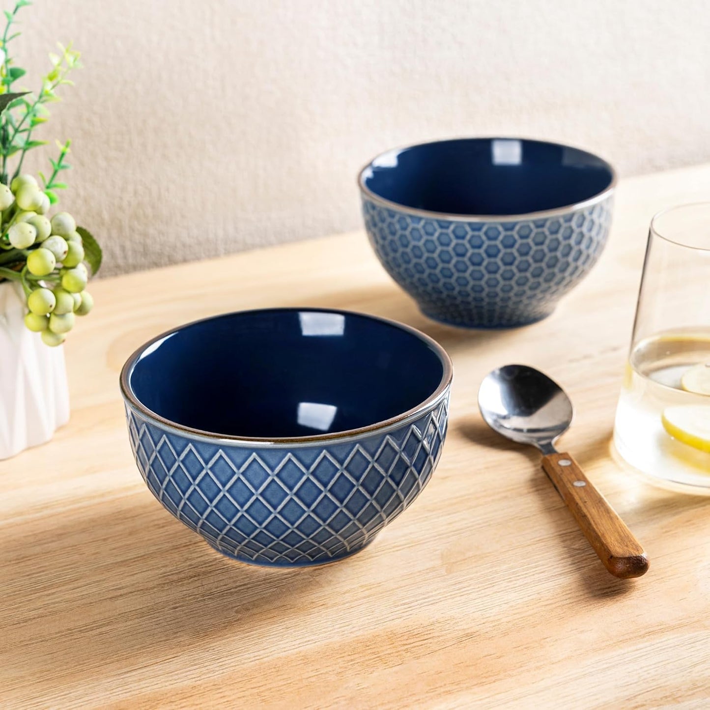 GBHOME Stoneware Cereal Bowls Set of 4, 24 oz Ceramic Soup Bowls with Texture Patterns for Soup,Oatmeal,Snack Perfect for Wedding, House-warming Gift - Moonlight Blue