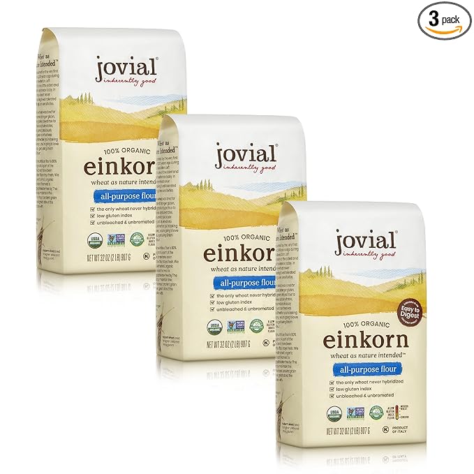 Jovial Organic Einkorn Unbleached All Purpose Flour - Bread Baking Flour for Sourdough, High Protein, Non-GMO, Organic Pizza & Pasta, European Italian, Glyphosate Free - 32 Oz, 3 Pack