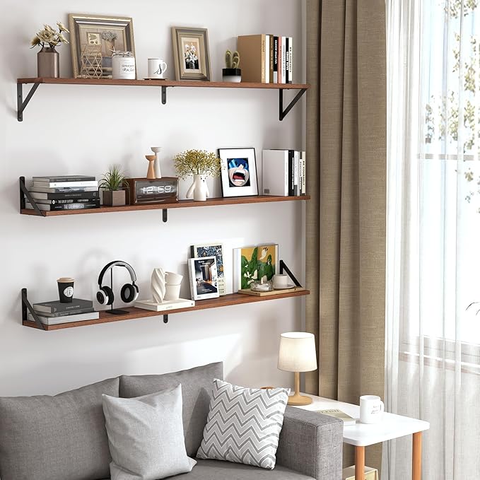 Heimlove 48 Inch Large Wall Bookshelves Set of 3, Wall Mounted Bookshelves,Heavy Duty Wooden Shelves for Living Room,Bedroom,Kitchen,Laundry Room Storage & Decor