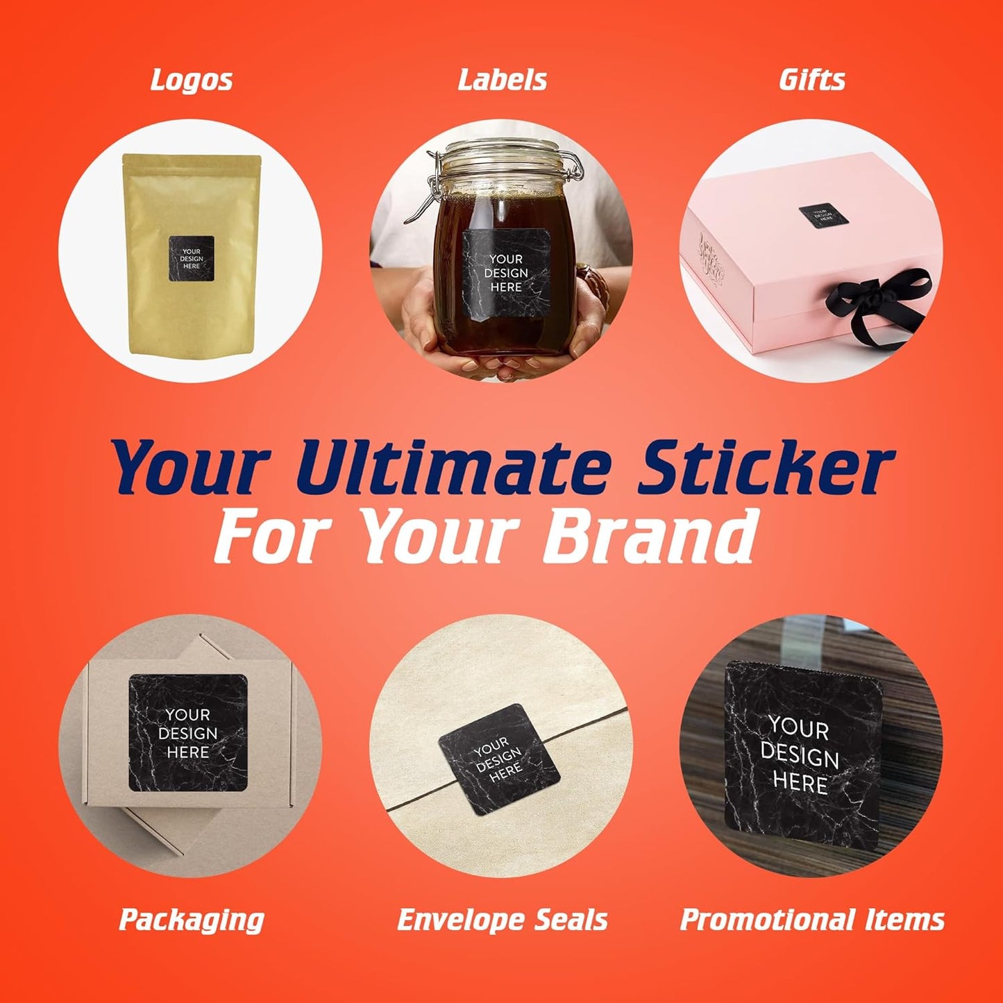 100 Custom Vinyl Stickers - Upload Your own Image, Text, Design, Logo - Personalized Logo Labels for Handmade, Packaging, Bottle, Jars, Candle, Brand Stickers (Black Marble, 2x2 Square)