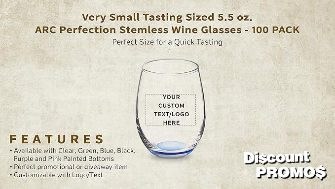 Custom Stemless Wine Glasses by ARC 5.5 oz. Set of 100, Personalized Bulk Pack - Perfect for Hotel, Bar, Restaurant or Lounge - Blue