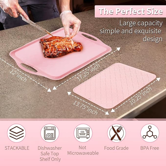 LEHAHA Melamine Serving Tray with Handles, 17.25 x 12 Inch Aesthetic Serving Platters and Trays with Curved Sides, Tray for Lunch, Coffee, or Breakfast, Set of 4, Silicone placemats Included,Pink