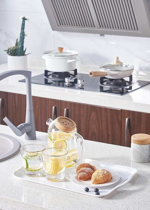 Blue Boat 14" x 10" Serving Trays Set of 4 White, Dinner Tray, Light Weight Easy to Clean Sturdy Stackable Melamine Serving Tray with Handle, Fruit, Snacks, and Desserts Trays