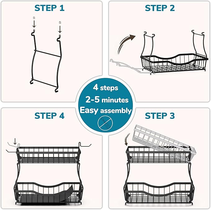 Large 2-Tier Fruit Basket for Kitchen Counter with 2 Banana Hangers – Metal Fruit Bowl for Onion, Vegetable, Snacks, Breads Storage – Countertop Organizer – Black, 14.5" W x 9.5" D