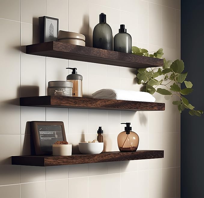 Wood Floating Shelves for Wall, Wooden Wall Shelves for Bedroom, Wall Mounted Shelves for Living Room, Set of 4 Brown 24 Inch