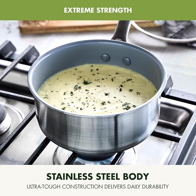 GreenPan Stainless Steel Treviso 2.1QT Saucepan with Lid, Healthy Ceramic Nonstick, PFOA-Free PFAS-Free, Induction, Dishwasher Safe, Oven Safe, Even Heating, Silver