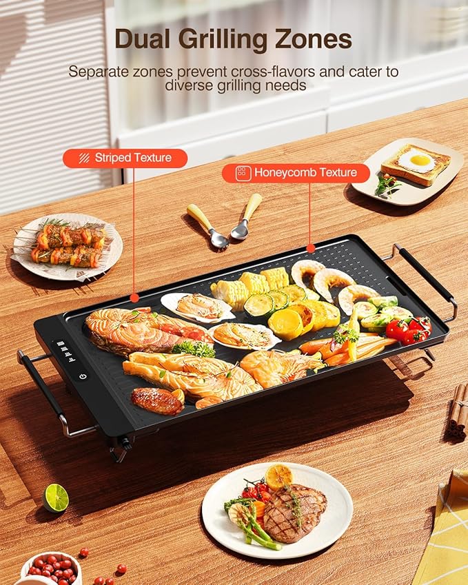Electric Griddle with Removable Touch Panel, IPX9 Waterproof, Dishwasher-Safe, 1300W Fast Heating in 10S, 18x10" Die-Cast Nonstick Plate, Foldable Design for Family Use (4–8 People)