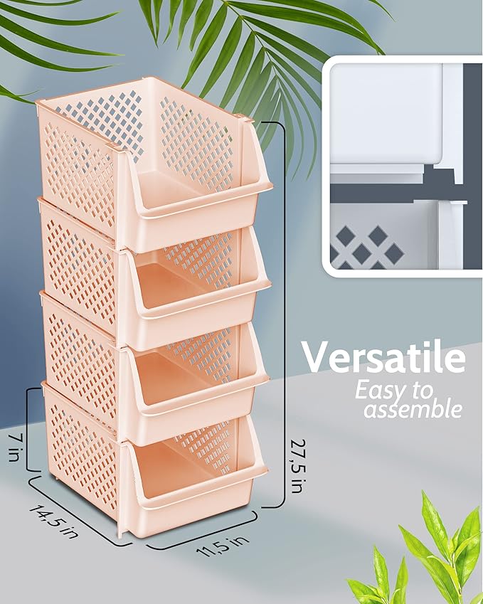 Skywin TidyFriend Stackable Storage Bins for Pantry, 4 Pack Stackable Bins For Organizing Food, Kitchen, and Bathroom Essentials (Cream)
