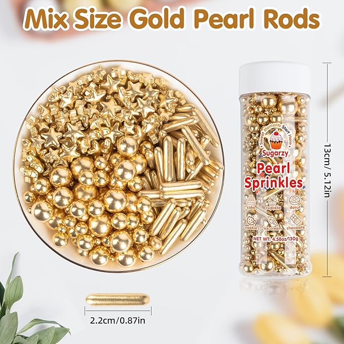 Gold Pearl Sprinkles,Edible Pearl Stars Rods Sugar Candy,Mix Size,Baking Cake Decorations,Cupcake Toppers,Cookie Donuts Ice Cream,Holiday,Birthday Wedding Party Valentines Christmas Supplies,130g/4.58oz