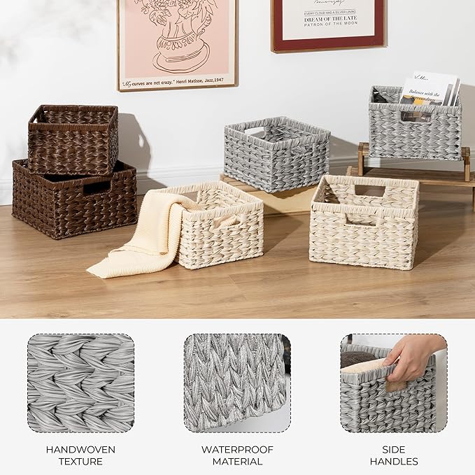 GRANNY SAYS Wicker Baskets for Organizing, Storage Basket for Shelves, Square Shelf Baskets with Handles, Waterproof Woven Basket for Living Room, Baskets for Entryway, Grey