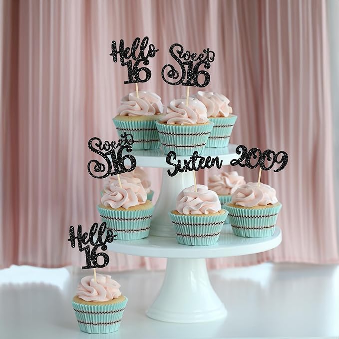 Gyufise 24Pcs Happy 16th Birthday Cupcake Toppers Glitter Hello 16 Sweet 16 Cupcake Picks 2009 Sixteen Old Birthday Cake Decorations for 16th Birthday Anniversary Party Supplies Black