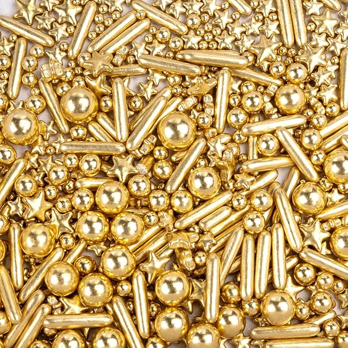 Dazzjoy Edible Gold Pearl Sprinkles, Sugar Candy Pearls, Food Grade, 130g/4.58oz, Gold Star Pearls Sprinkles for Cake Decorating, Cupcake, Cookies Topper Decoration