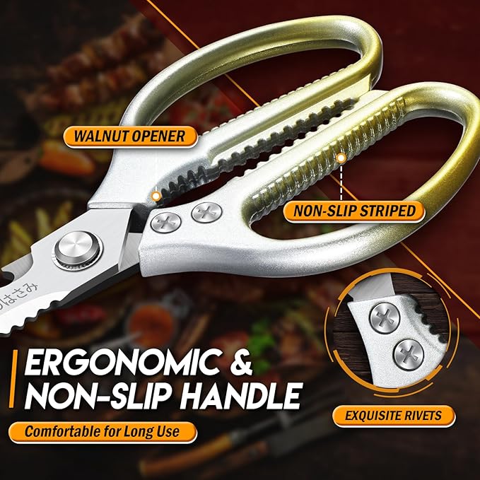 TIJERAS Kitchen Scissors Set Gold - Stainless Steel Kitchen Shear, Sharp Meat Scissors Dishwasher Safe, Heavy Duty Poultry Shears, Japanese Cooking Scissor for Food, Chicken Bones, and Turkey