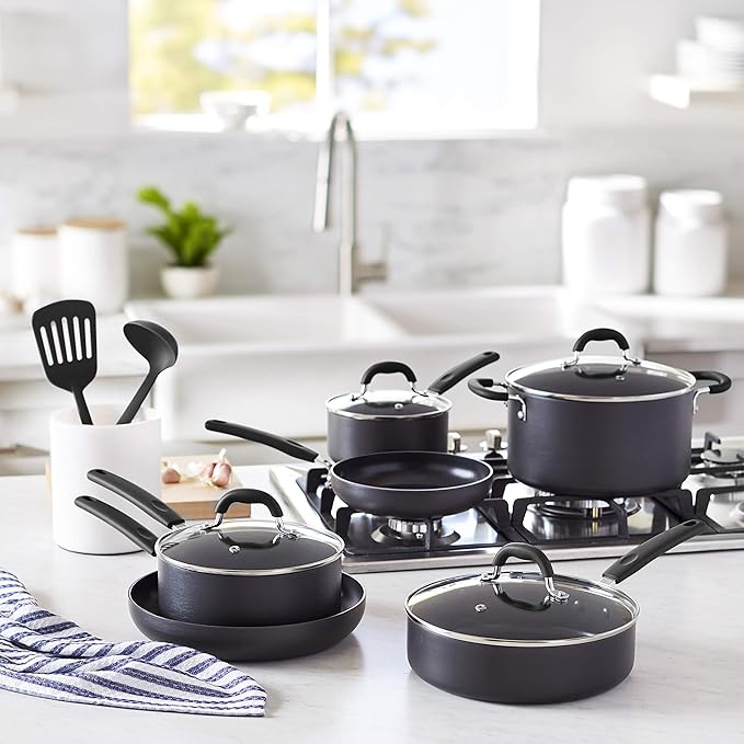 Amazon Basics Hard Anodized Non-Stick 12-Piece Cookware Set, Black - Pots, Pans and Utensils