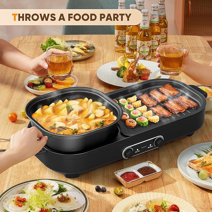 Electric Hot Pot with Grill, 2 In 1 Indoor Non-Stick Barbecue Shabu Hot Pot with Dual Temperature Control, Detachable Hot Pot and Baking Tray, Smokeless Shabu Korean BBQ Grill